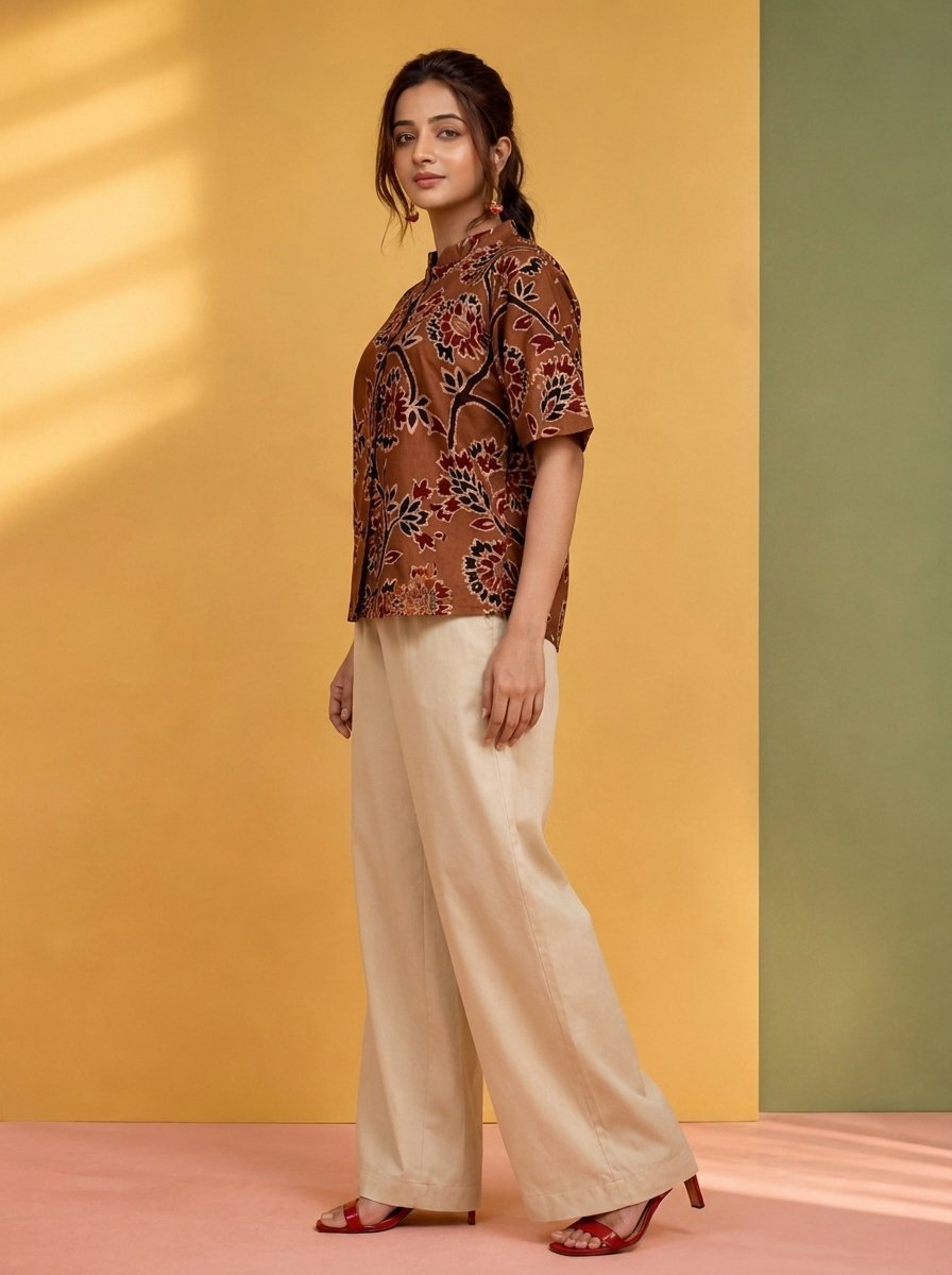 Hand Batik Spiral Floral All Over Motif Anti- Fit Brown Color Shirt in Malai Cotton Silk with Chinese Collar - Image 2