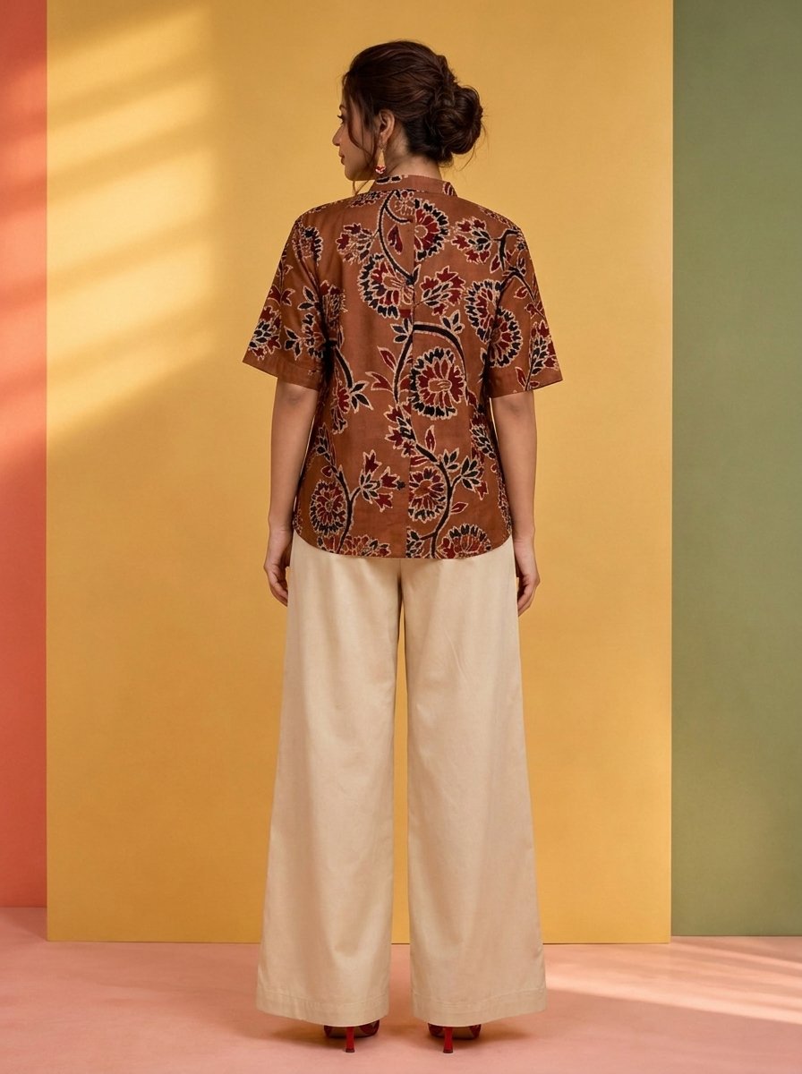 Hand Batik Spiral Floral All Over Motif Anti- Fit Brown Color Shirt in Malai Cotton Silk with Chinese Collar - Image 3