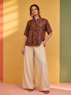 Hand Batik Spiral Floral All Over Motif Anti- Fit Brown Color Shirt in Malai Cotton Silk with Chinese Collar