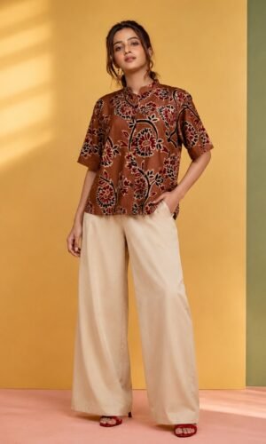 Hand Batik Spiral Floral All Over Motif Anti- Fit Brown Color Shirt in Malai Cotton Silk with Chinese Collar