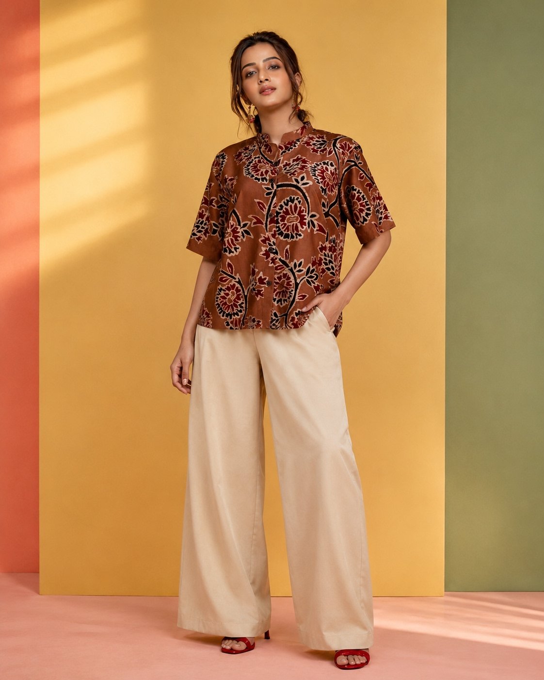 Hand Batik Spiral Floral All Over Motif Anti- Fit Brown Color Shirt in Malai Cotton Silk with Chinese Collar