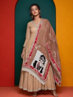 Hand Batik Bengali Cult Movie CHARULOTA inspired Stole in Beige color in Modal Silk Fabric with Lace Details.