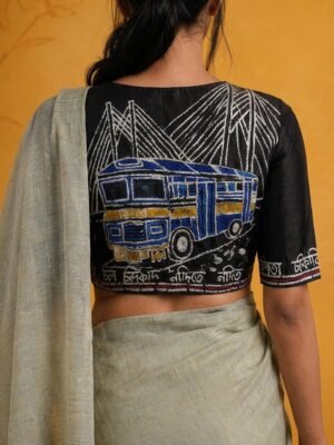KOLKATA SERIES - Hand Batik Kolkata Bus Themed Black Color  Glass Sleeve Blouse in Malai Cotton silk.