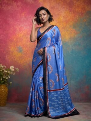 Hand Batik FRIDA KAHLO inspired Saree in Blue color  in Modal Silk Fabric with Defined Saree  Border and Saree Pallu.
