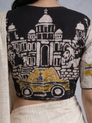 KOLKATA SERIES - Hand Batik Kolkata Taxi Themed Lightest Grey Color  with  Black Crack Glass Sleeve Blouse in Malai Cotton silk.