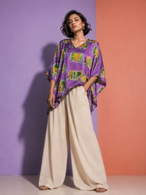 Hand Batik AUTO Kaftan Top in Lavender Color In Modal Silk with V Neck
