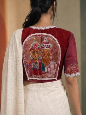 BOR BOU - Hand Batik BENGALI WEDDING COUPLE Themed Ink Red Color  Glass Sleeve Blouse with Lace work in Malai Cotton silk.BOR BOU - Hand Batik BENGALI WEDDING COUPLE Themed Ink Red Color  Glass Sleeve Blouse with Lace work in Malai Cotton silk.
