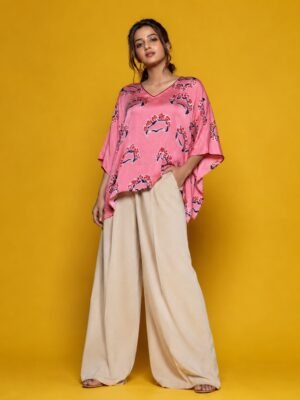 Hand Batik FRIDA Kaftan Top in Peach Pink Color In Modal Silk with V Neck