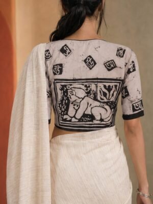 SOHOJ PATH - Hand Batik BENGALI ALPHABET Themed Grey Color with Black Crack  Glass Sleeve Blouse in Malai Cotton silk.