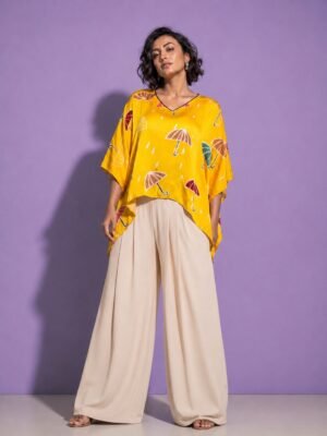 Hand Batik UMBRELLA Kaftan Top in Mango Yellow Color In Modal Silk with V Neck
