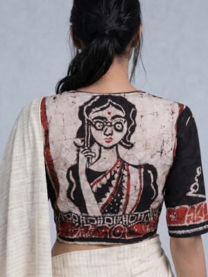 CHARULOTA - Hand Batik Bengali Cult film Charulota Themed Black Color  Glass Sleeve Blouse in Pure Silk.