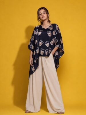 Hand Batik " CHAI " Kaftan Top in Midnight Color In Modal Silk with V Neck