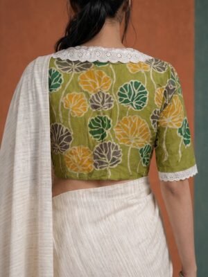 VINTAGE  BATIK BLOUSE - Hand Batik Vintage Lace Collared Themed Light Green Color  Petal Motif All Over Glass Sleeve Blouse in Malai Cotton silk.