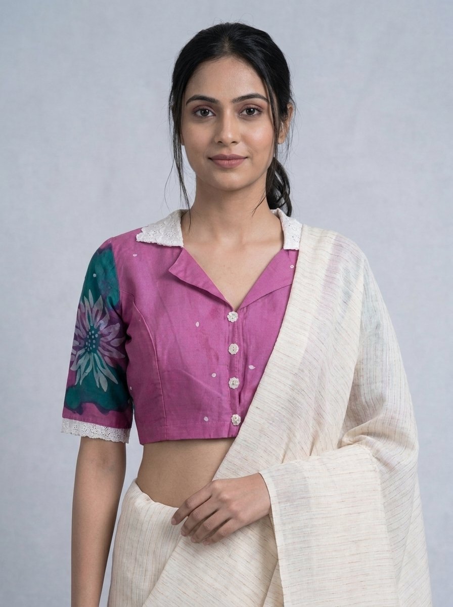VINTAGE BATIK BLOUSE - Hand Batik Vintage Lace Collared Themed Pink and Green Color Floral Motif All Over Glass Sleeve Blouse in Malai Cotton silk. - Image 2