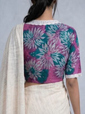 VINTAGE  BATIK BLOUSE - Hand Batik Vintage Lace Collared Themed Pink and Green Color  Floral Motif All Over Glass Sleeve Blouse in Malai Cotton silk.