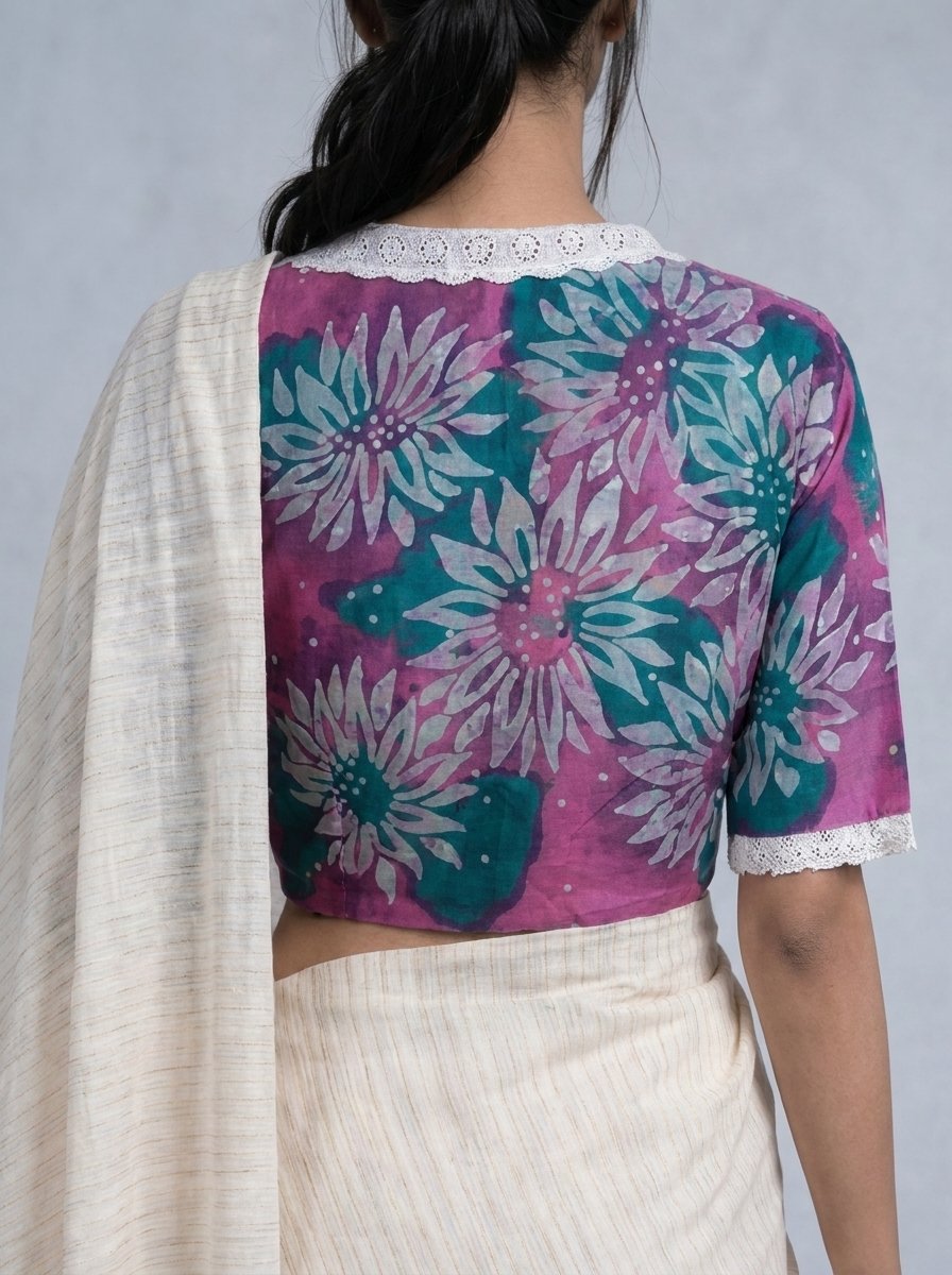VINTAGE BATIK BLOUSE - Hand Batik Vintage Lace Collared Themed Pink and Green Color Floral Motif All Over Glass Sleeve Blouse in Malai Cotton silk.