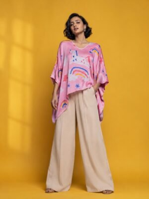 Hand Batik UNICORN Kaftan Top in LIght Pink Color In Modal Silk with V Neck