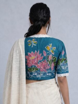 VINTAGE  BATIK BLOUSE - Hand Batik Vintage Lace Collared Themed Turquoise Blue Color  Garden landscape Glass Sleeve Blouse in Malai Cotton silk.
