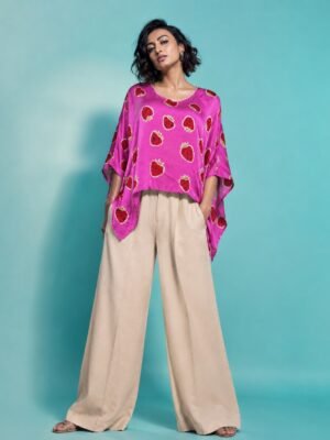 Hand Batik STRAWBERRY Kaftan Top in Pink Color In Modal Silk with V Neck