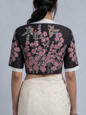 VINTAGE  BATIK BLOUSE - Hand Batik Vintage Lace Collared Themed Black Color   Bird and Floral Motif  Glass Sleeve Blouse in Malai Cotton silk.