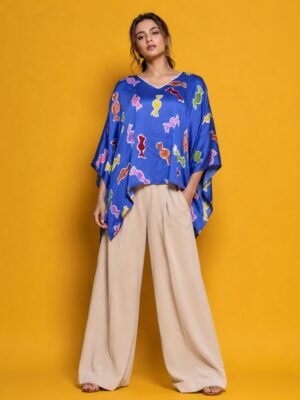 Hand Batik TOFFEE Kaftan Top in Electric Blue Color In Modal Silk with V Neck