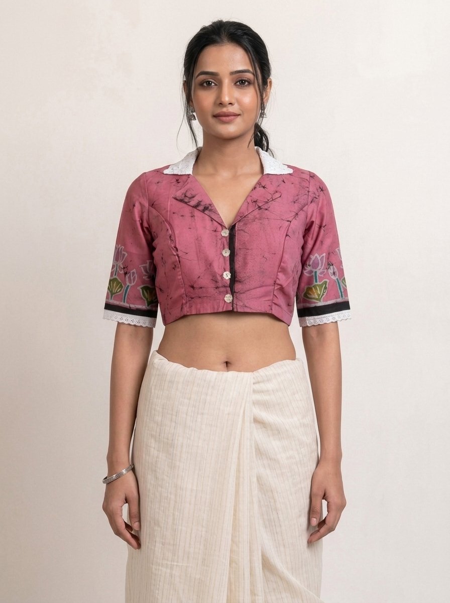 VINTAGE BATIK BLOUSE - Hand Batik Vintage Lace Collared Themed Dark Peach Color Pichwai Cow Motif Glass Sleeve Blouse in Malai Cotton silk. - Image 2