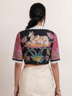 VINTAGE  BATIK BLOUSE - Hand Batik Vintage Lace Collared Themed Dark Peach Color  Pichwai Cow  Motif  Glass Sleeve Blouse in Malai Cotton silk.