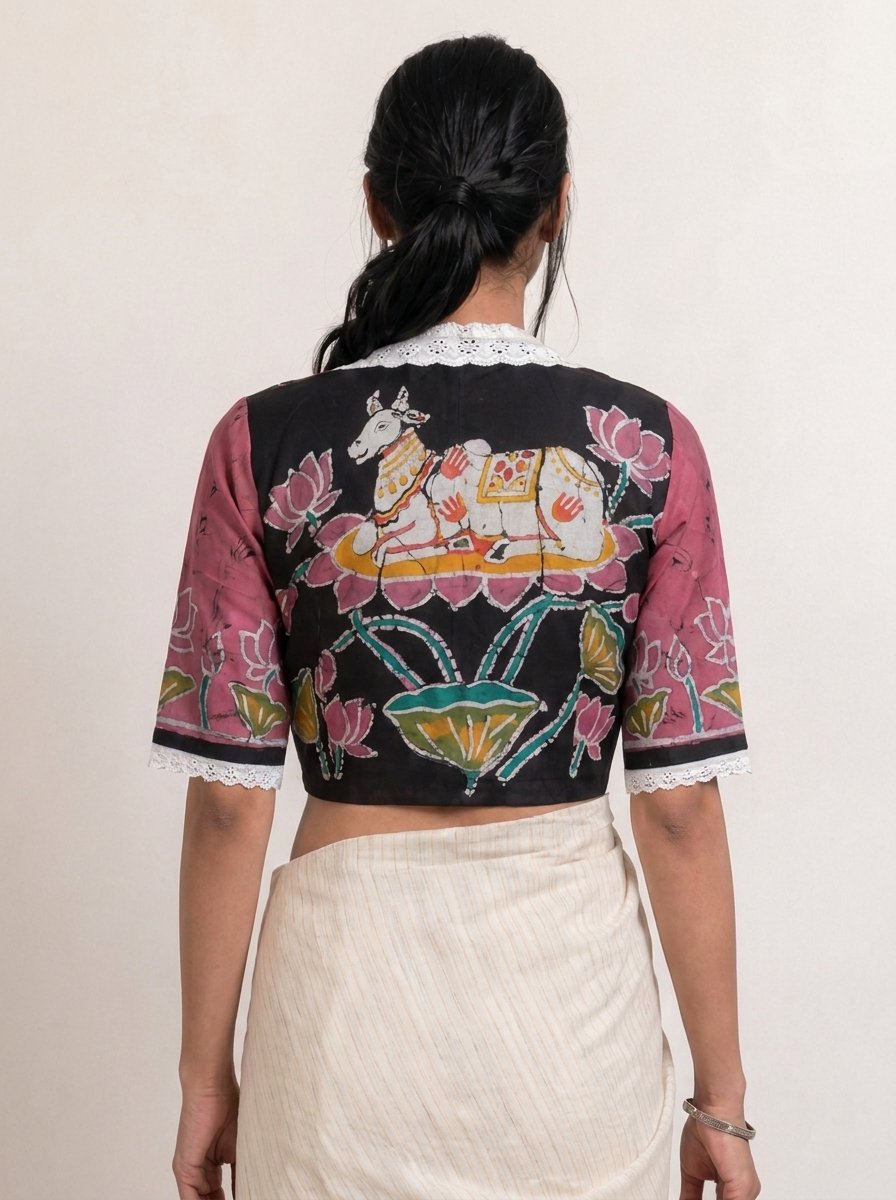 VINTAGE BATIK BLOUSE - Hand Batik Vintage Lace Collared Themed Dark Peach Color Pichwai Cow Motif Glass Sleeve Blouse in Malai Cotton silk.