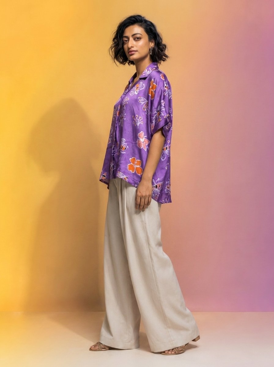 Hand Batik HONEY BEE All Over Motif Anti- Fit Lavender Color Shirt Top in Modal Silk with Shirt Collar . - Image 2