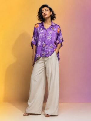 Hand Batik HONEY BEE All Over Motif Anti- Fit Lavender Color Shirt Top in Modal  Silk with Shirt Collar .