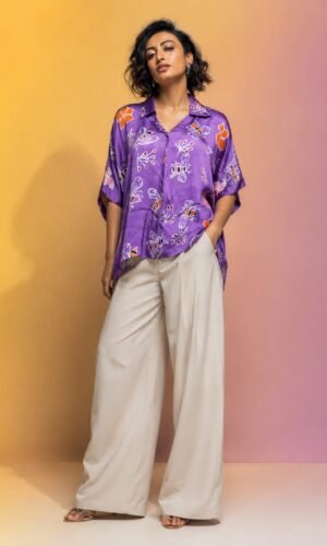 Hand Batik HONEY BEE All Over Motif Anti- Fit Lavender Color Shirt Top in Modal  Silk with Shirt Collar .