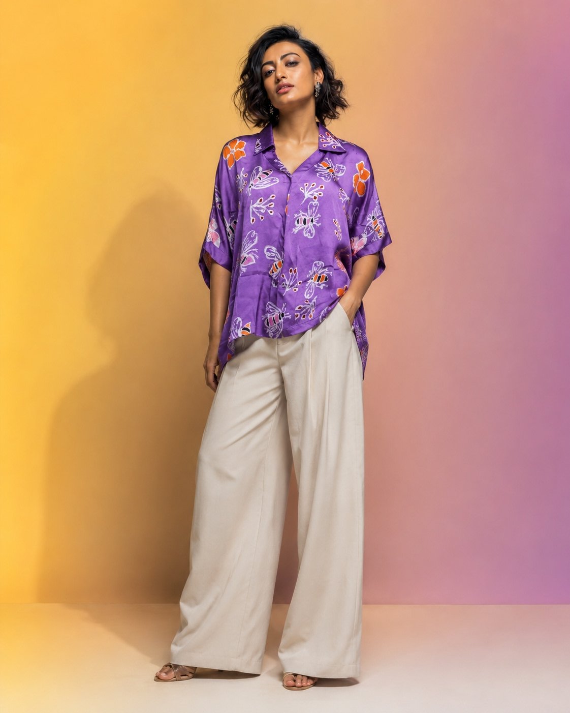 Hand Batik HONEY BEE All Over Motif Anti- Fit Lavender Color Shirt Top in Modal Silk with Shirt Collar .
