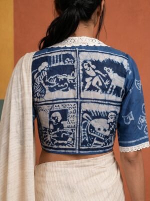 VINTAGE  BATIK BLOUSE - Hand Batik Vintage Lace Collared Themed Ink Blue Color BENGALI  SOHOJ PAATH Glass Sleeve Blouse in Malai Cotton silk.