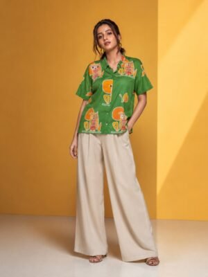 Hand Batik OWL All Over Motif Anti- Fit Green Color Shirt in Malai Cotton Silk with Chinese Collar