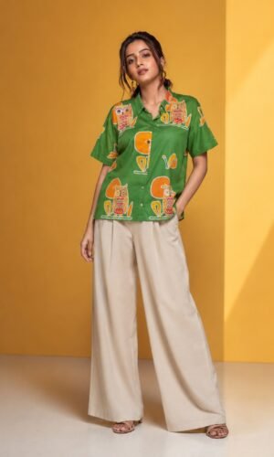 Hand Batik OWL All Over Motif Anti- Fit Green Color Shirt in Malai Cotton Silk with Chinese Collar