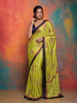 Hand Batik FRIDA KAHLO inspired Saree in Light Lemon Green in Modal Silk Fabric with Defined Saree  Border and Saree Pallu.