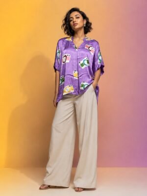 Hand Batik CAMERA All Over Motif Anti- Fit Lavender Color Shirt Top in Modal  Silk with Shirt Collar .