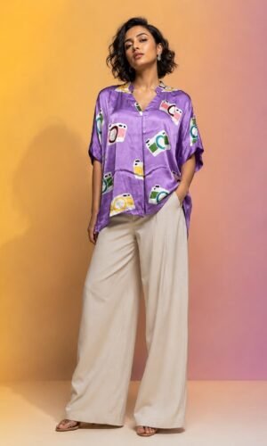Hand Batik CAMERA All Over Motif Anti- Fit Lavender Color Shirt Top in Modal Silk with Shirt Collar .