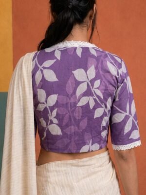 VINTAGE  BATIK BLOUSE - Hand Batik Vintage Lace Collared Themed Light Lavender Color  Leaf Motif All Over Glass Sleeve Blouse in Malai Cotton silk.