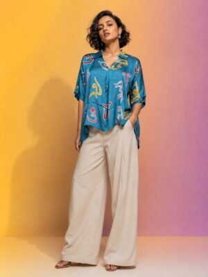 Hand Batik BENGALI ALPHABET All Over Motif Anti- Fit Turquoise Green Color Shirt Top in Modal  Silk with Shirt Collar .