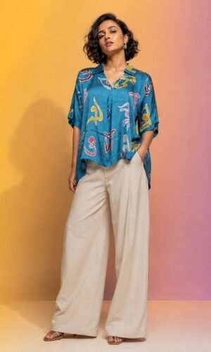 Hand Batik BENGALI ALPHABET All Over Motif Anti- Fit Turquoise Green Color Shirt Top in Modal  Silk with Shirt Collar .