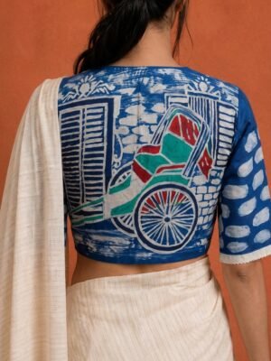 KOLKATA SERIES - Hand Batik Kolkata Tana Rickshaw Themed Ink Blue Color  Glass Sleeve Blouse in Malai Cotton silk.