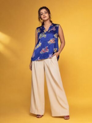 Hand Batik SCOOTER All Over Motif  Electric Blue Color Sleeveless Shirt in Modal Silk with V Neck .