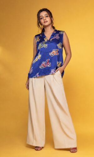 Hand Batik SCOOTER All Over Motif  Electric Blue Color Sleeveless Shirt in Modal Silk with V Neck .