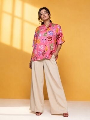 Hand Batik FLORAL All Over Motif Anti- Fit Peach Pink Color Shirt in Modal Silk with Chinese Collar .