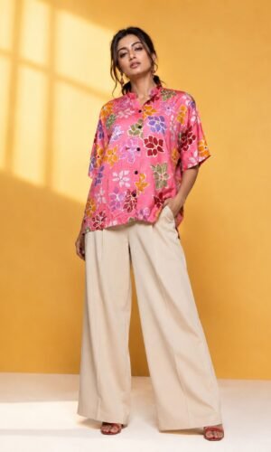 Hand Batik FLORAL All Over Motif Anti- Fit Peach Pink Color Shirt in Modal Silk with Chinese Collar .