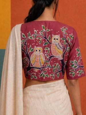 OWL BLOUSE- Hand Batik OWL Scenery Themed  Dusty Maroon Color  Glass Sleeve Blouse in Malai Cotton silk.