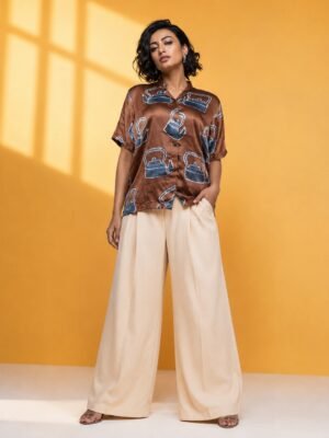 Hand Batik KETTLE All Over Motif Anti- Fit Brown Color Shirt in Modal Silk with Chinese Collar .