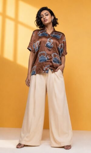 Hand Batik KETTLE All Over Motif Anti- Fit Brown Color Shirt in Modal Silk with Chinese Collar .