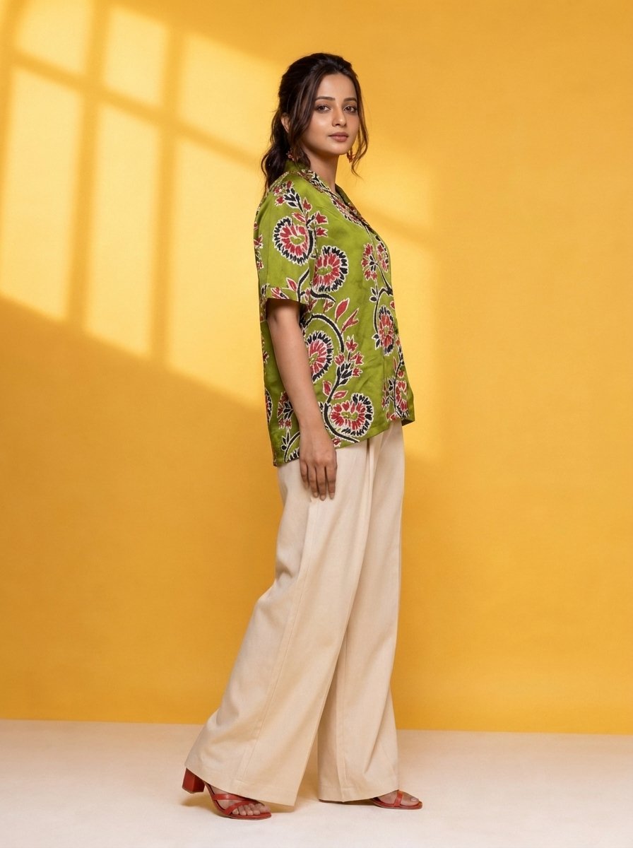 Hand Batik SPIRAL FLORAL All Over Motif Anti- Fit Dual Shade Green Color Shirt in Modal Silk with Raised Halter NeckCollar . - Image 2